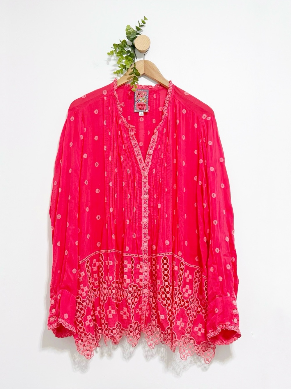 Johnny Was Boho Baez Phaedra Pleated Embroidered Lace Eyelet Crochet Top Size XL